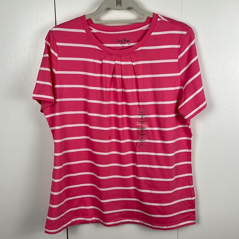 Coral Bay T-Shirt Pink & White Stripe Pleated Neckline Short Sleeve Petite Large